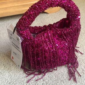 Zara Sequin and Beaded Fringe Bag in Pink